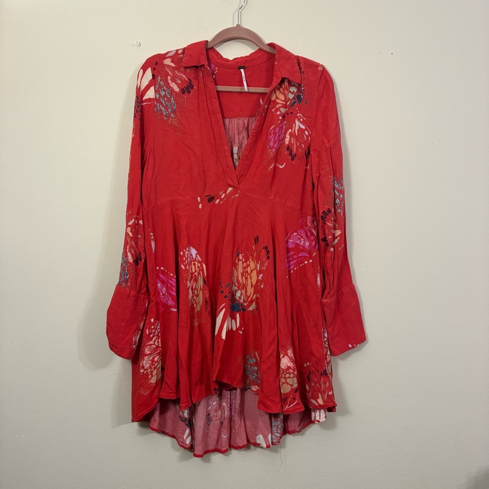 Free People Field Of Butterflies Printed Hi-Low Tunic Top Dress womens L cl